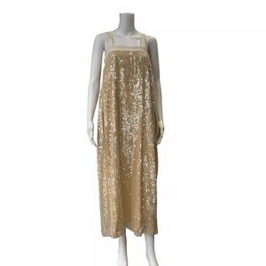 $1200 Odeeh Champagne Sequin Tulle Pocket Long Delicate Dress size 0/FR 32